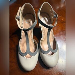 Journee Collection Two-Tone T-Strap Heels in Cream and Gray